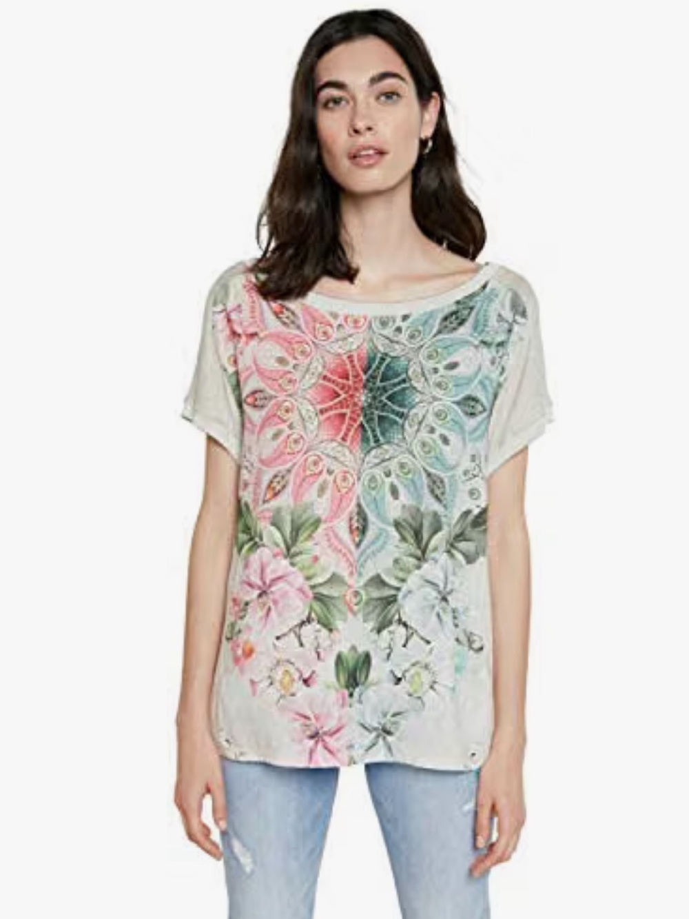 DESIGUAL | Copenhagen Beige Tee with Pink & Green Floral Mandala